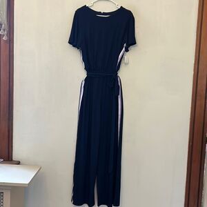 Roz & Ali navy jumpsuit with purple and white stripe and tie waist Size XL New